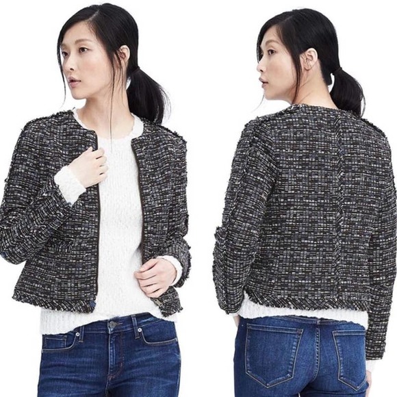 Banana Republic Jackets & Blazers - NEW Banana Republic Navy Tweed Fringe Boucle Zip Jacket Size 12